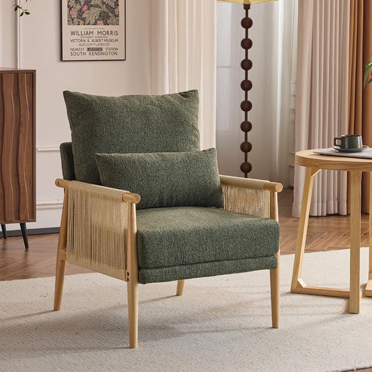 Boho Braid Accent Armchair,Mid-Century Modern Chiar with Solid Wooden Armrest,Comfy Louge Cushion Chair with Waist Pillow for Bedroom,Living Room,Reading Room, Dark Green