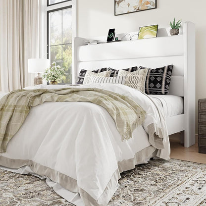 Queen Size Upholstered Bed Frame with Charging Station, White