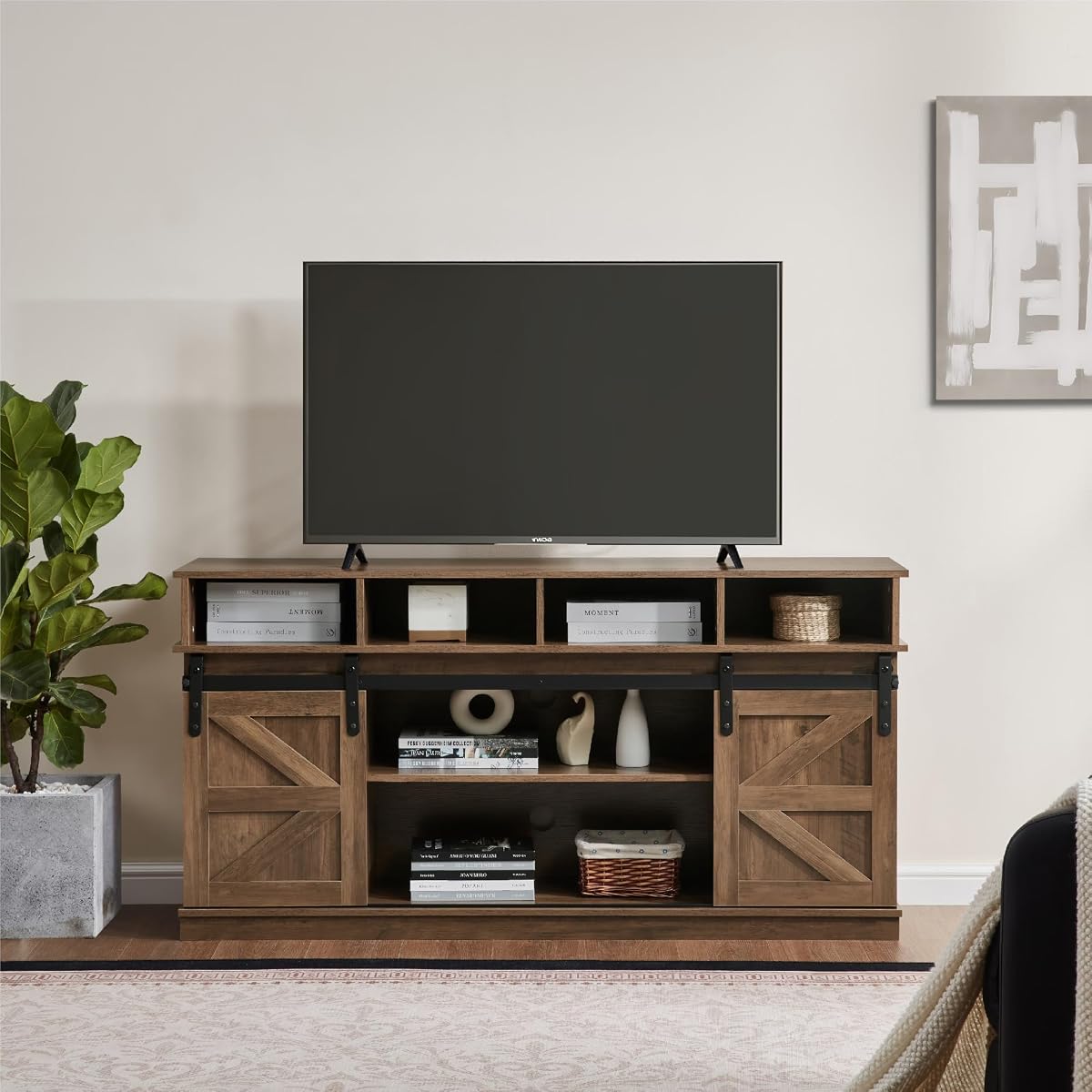 TV Stand Sliding Barn Door Modern & Farmhouse Wood Entertainment Center
