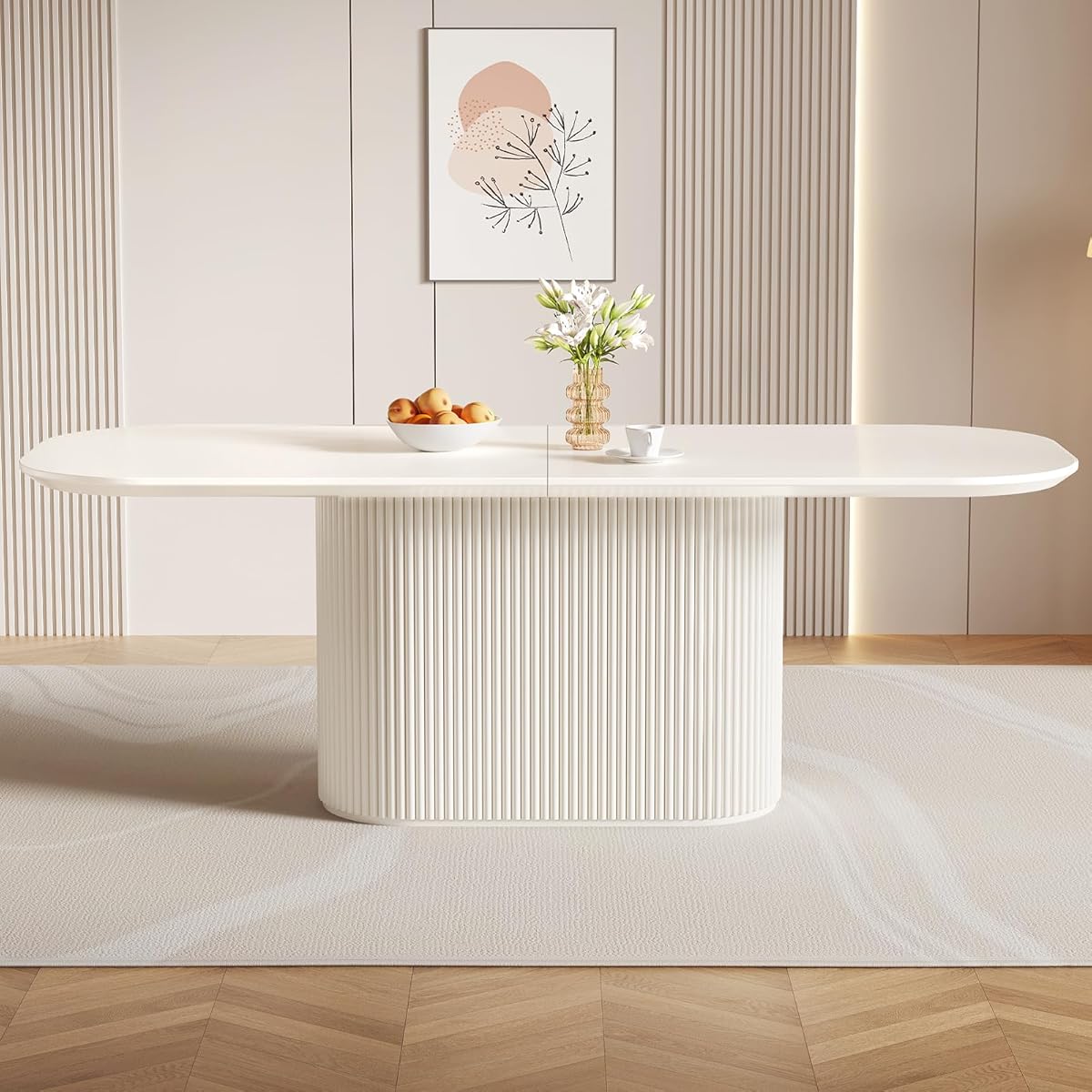 86.61" Large Cream White Dining Table with Strong Pedestal Modern Oval Dining Room Table for 8 People Cream Kichen Table for Dining&Kichen Room Furniture