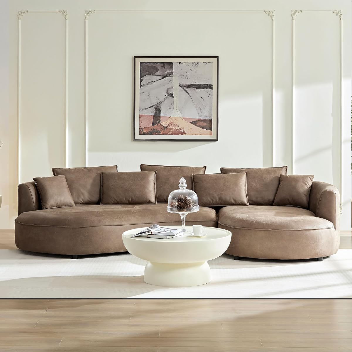 129" Curved Oversized Modular Leathaire Sectional Sofa with Right Chaise, 4 Pillows, 3 Back Cushion, Modern Style Comfy 5-Seater Couch, Easy Assembly, for Office, Apartment, Living Room, Brown