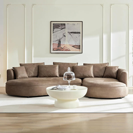 129" Curved Oversized Modular Leathaire Sectional Sofa with Right Chaise, 4 Pillows, 3 Back Cushion, Modern Style Comfy 5-Seater Couch, Easy Assembly, for Office, Apartment, Living Room, Brown