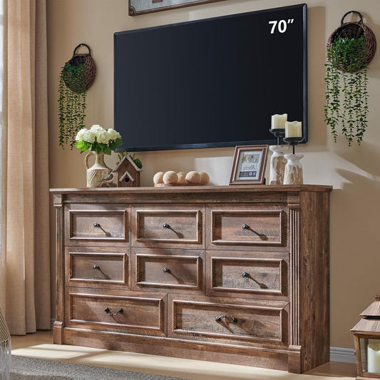 Farmhouse 61" Wide 8 Drawers Dresser for Bedroom, Light Brown