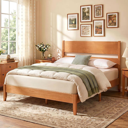 Full Size Wooden Bed Frame with Slatted Headboard (Warm Brown)