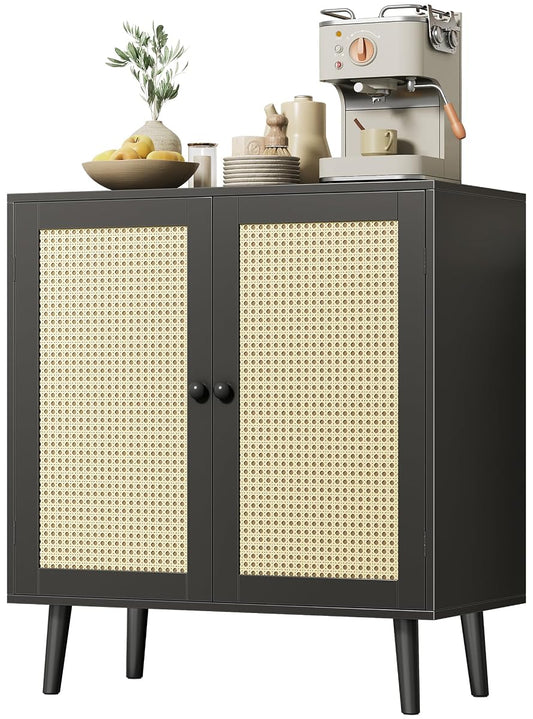 Buffet Cabinet with Storage, Storage Cabinet with Synthetic Rattan Decor Doors, Solid Wood Feet, for Hallway, Entry, Living Room, Black