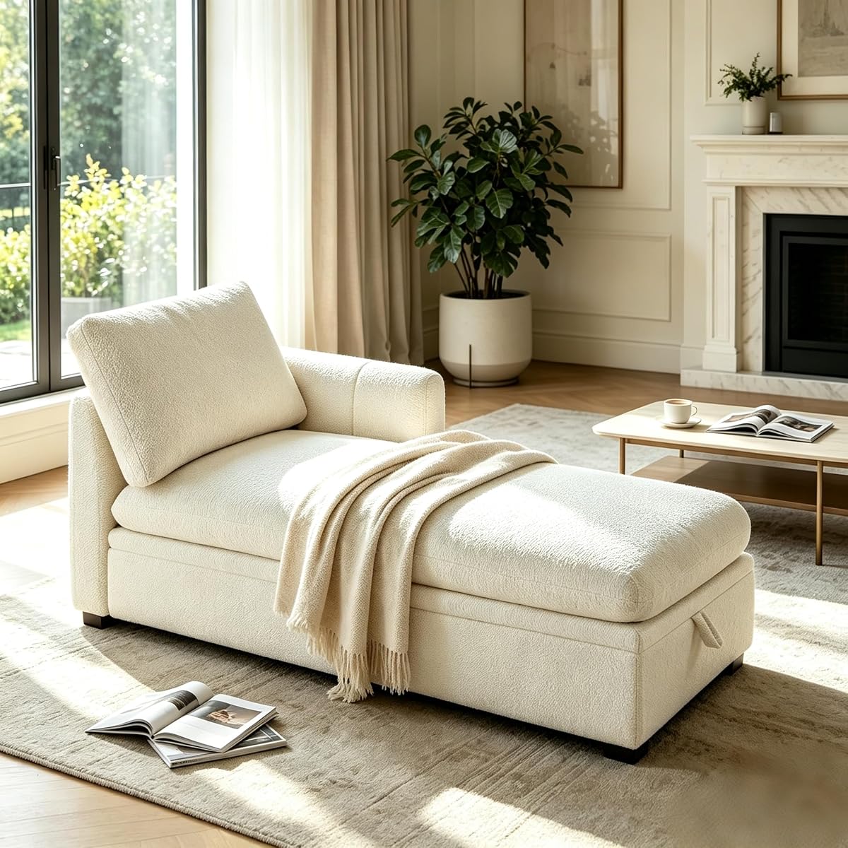 Oversized 70.47'' Chaise Lounge Chair with Storage, Boucle White