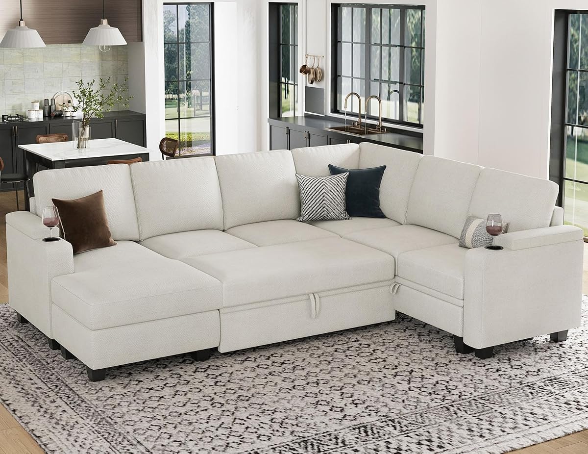 Sleeper Sofa Modular Sectional Pull Out Couch Bed U Shaped Sofa Couch for Living Room with Storage Chaise. White