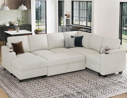 Sleeper Sofa Modular Sectional Pull Out Couch Bed U Shaped Sofa Couch for Living Room with Storage Chaise. White