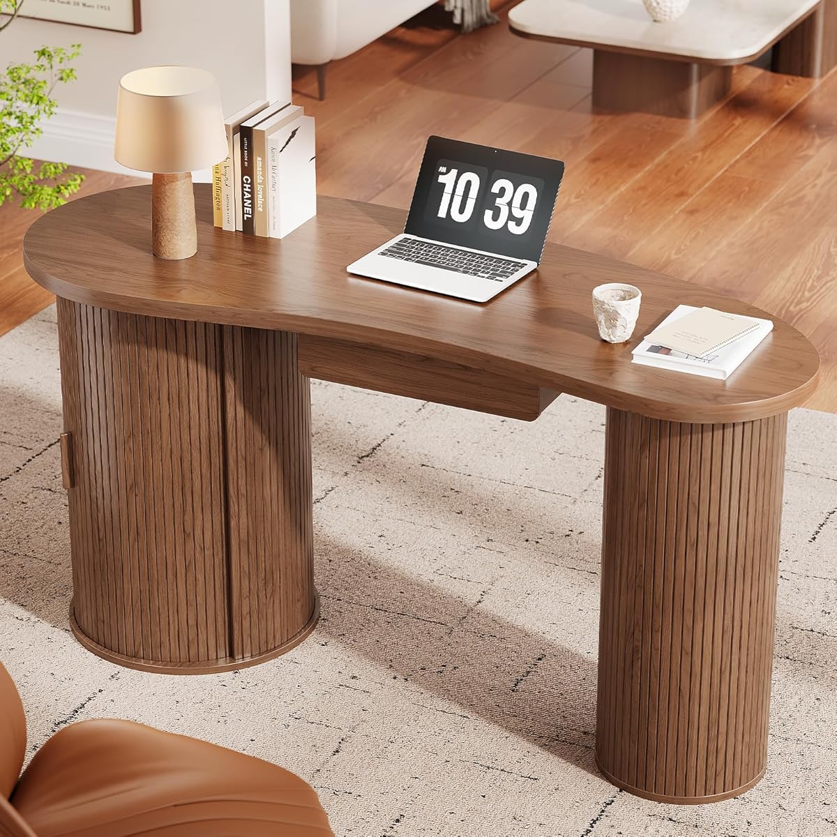 59 Inches Fluted Office Desk with Storge, Bean-Shaped Computer Desk with Drawer, Mid-Century Modern Curved Corner Desk with Sliding Door for Work and Study,Walnut