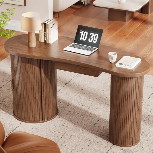 59 Inches Fluted Office Desk with Storge, Bean-Shaped Computer Desk with Drawer, Mid-Century Modern Curved Corner Desk with Sliding Door for Work and Study,Walnut