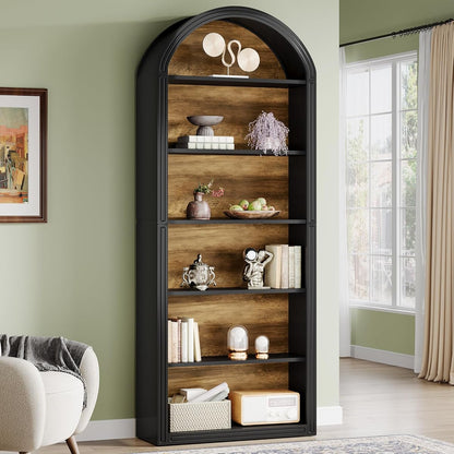 6-Tier Black Arched Bookshelf, 77.16" Tall Arched Bookcase with Storage Shelves