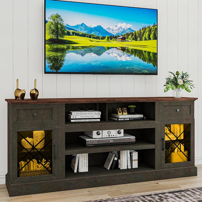 70 Inch Farmhouse TV Stand Table for 75 80 inch TV, Modern Entertainment Center with LED Lights and 2 Drawers, Wooden TV Stands for Living Room (Espresso)
