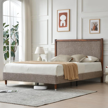Full Size Upholstered Platform Bed Frame with Wood Trim Headboard