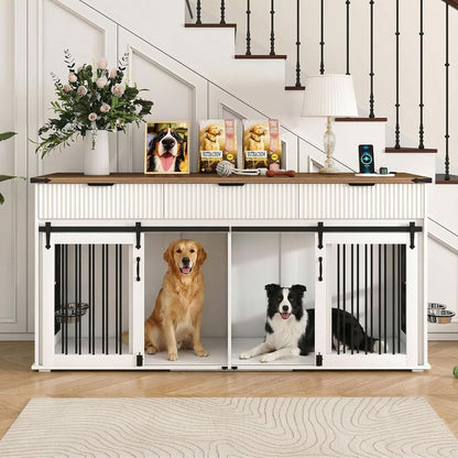 71in Double Dog Crate Furniture with Charging Station