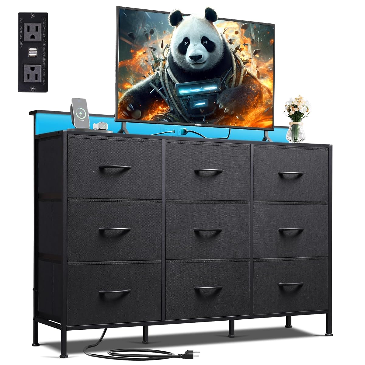 Dresser TV Stand with LED Lights & Outlets, 9 Fabric Drawers, Black