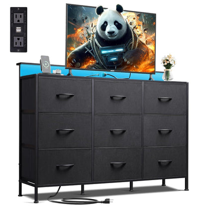 Dresser TV Stand with LED Lights & Outlets, 9 Fabric Drawers, Black