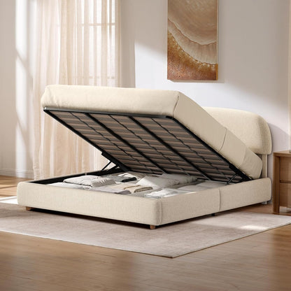 King Lift Up Storage Bed Frame with Adjustable Headboard, Beige
