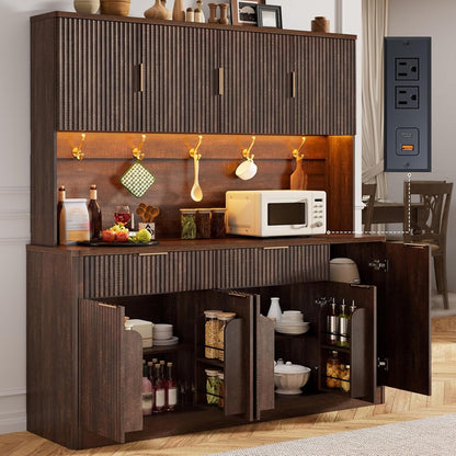 60"W 72"H Pantry Storage Cabinet, Fluted Kitchen Hutch, Rustic Brown