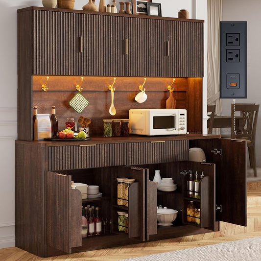 60"W 72"H Pantry Storage Cabinet, Fluted Kitchen Hutch, Rustic Brown