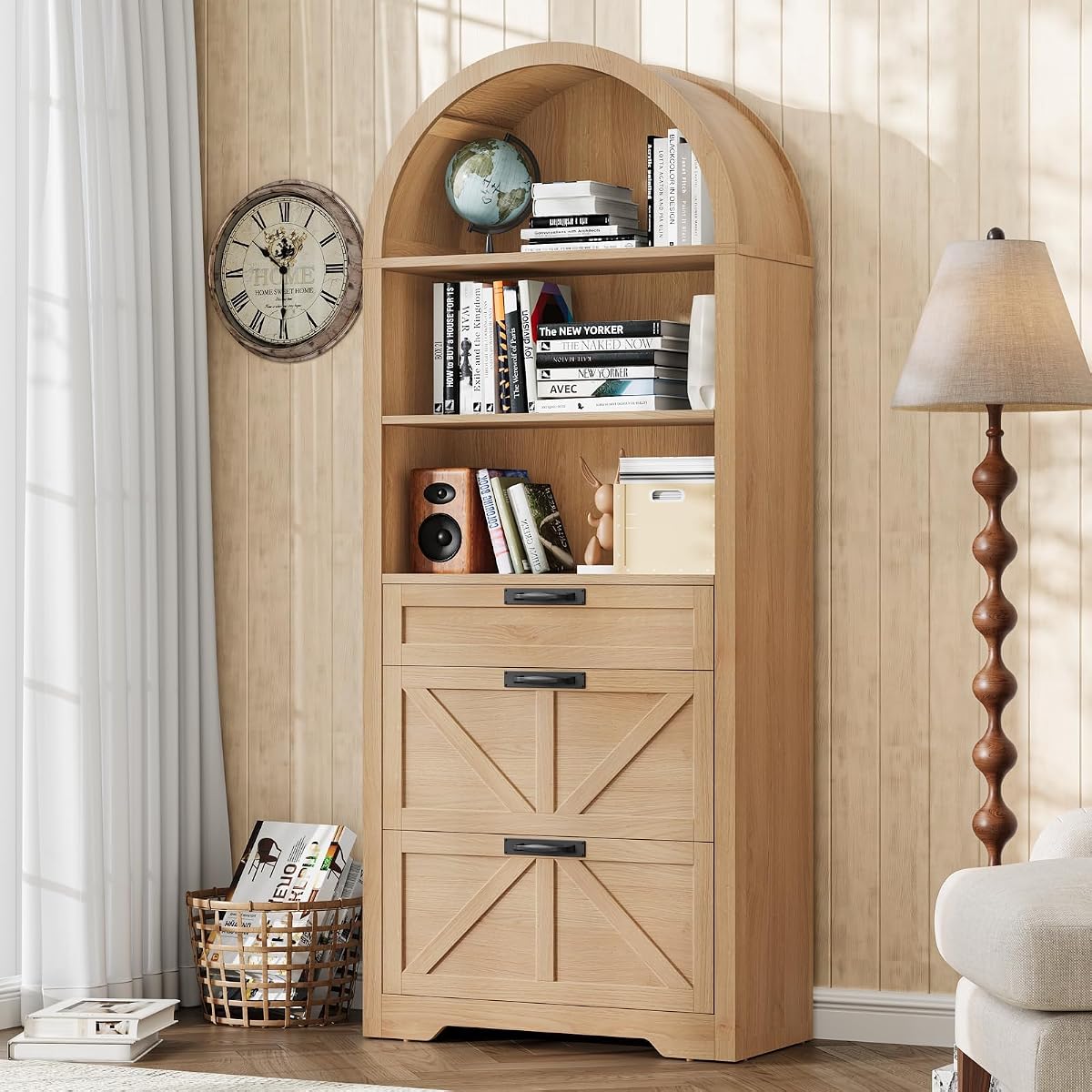 Natural Wood Arched Bookcase with File Drawers, 3-Tier Shelves