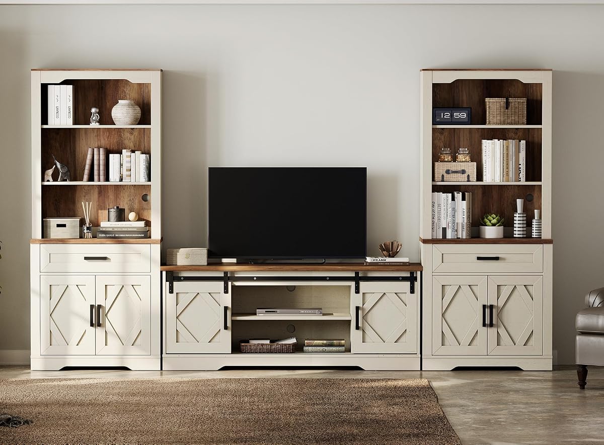 Farmhouse Entertainment Center with Bookshelves for 65" TV