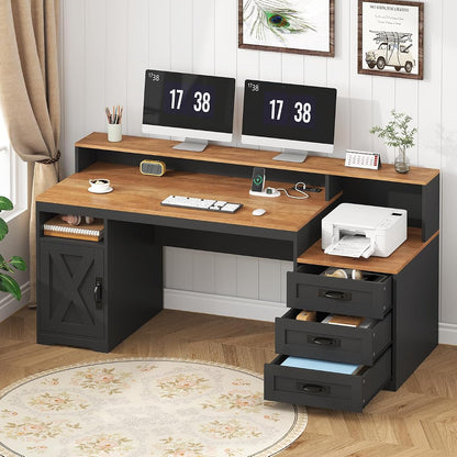 65" Farmhouse Computer Desk with Drawers and Printer Stand for Home Office