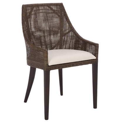 SAFAVIEH Home Collection – Maro Dark Brown Rattan Arm Chair with Ivory Seat Cushion, Modern Curved Silhouette, Fully Assembled (ACH4905A)