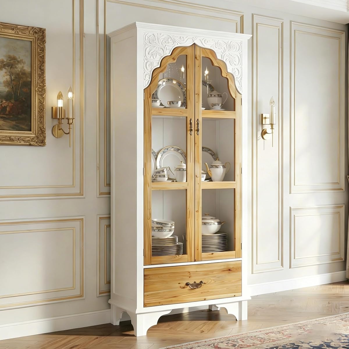 70.9" H Tall Kitchen Pantry with Glass Doors, Shelves & Drawer
