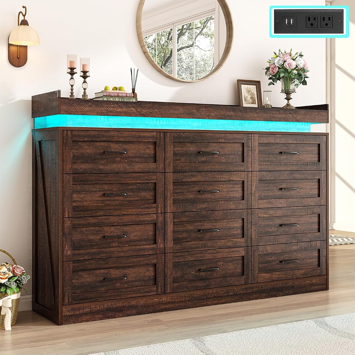 71" Wide 46" Tall Large Farmhouse 12 Drawers Dresser for Bedroom with LED Light