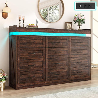71" Wide 46" Tall Large Farmhouse 12 Drawers Dresser for Bedroom with LED Light