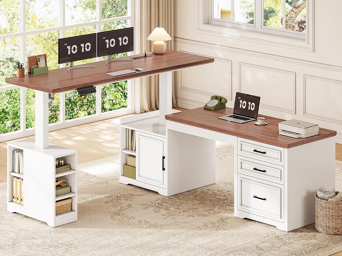 Farmhouse L Shaped Standing Desk with Storage for Home Office, White
