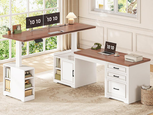 Farmhouse L Shaped Electric Standing Desk, 63" x 67" Height Adjustable Home Office Executive Desk with Drawers, Standing Computer Desks with Power Outlet for Home Office, White+Brown