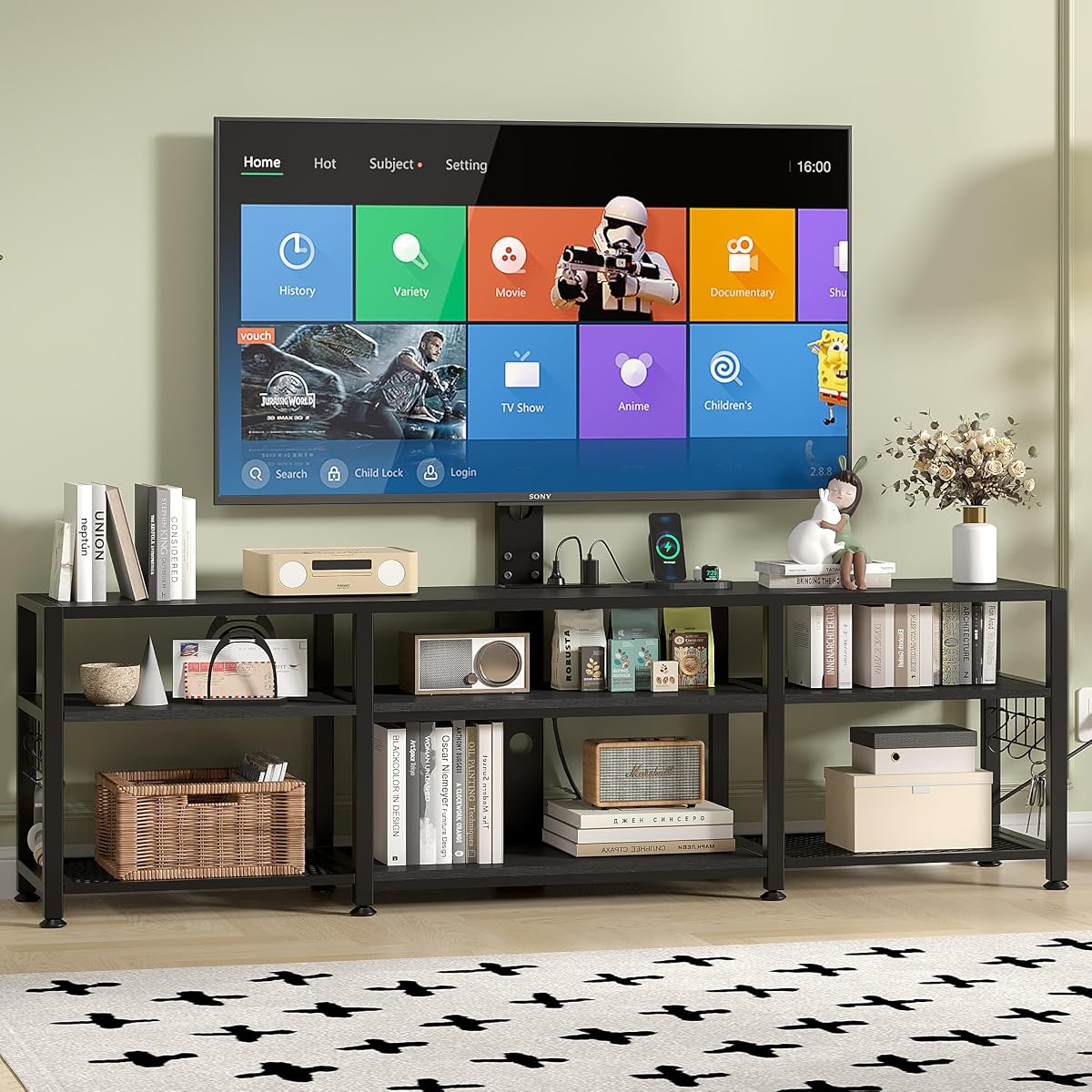 71" TV Stand with Mount and Power Outlets, Entertainment Center with Open Storage Shelves, Height Adjustable Mount up to 80”, Wooden Table and Metal Frame for Living Room, Matte Black