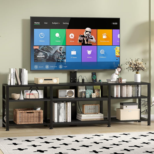 71" TV Stand with Mount and Power Outlets, Entertainment Center with Open Storage Shelves, Height Adjustable Mount up to 80”, Wooden Table and Metal Frame for Living Room, Matte Black
