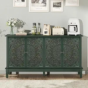59" Solid Wood Buffet Cabinet, Accent Cabinet, 4 Carved Doors, view 2