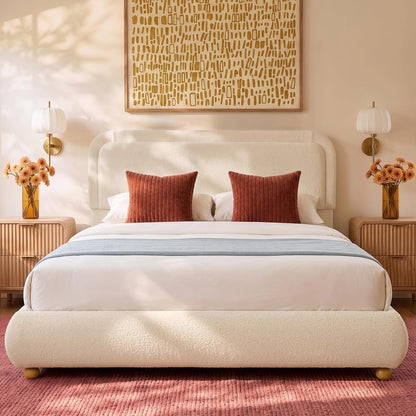Cloud Queen Bed Frame with Headboard, Solid Wood Legs, Beige