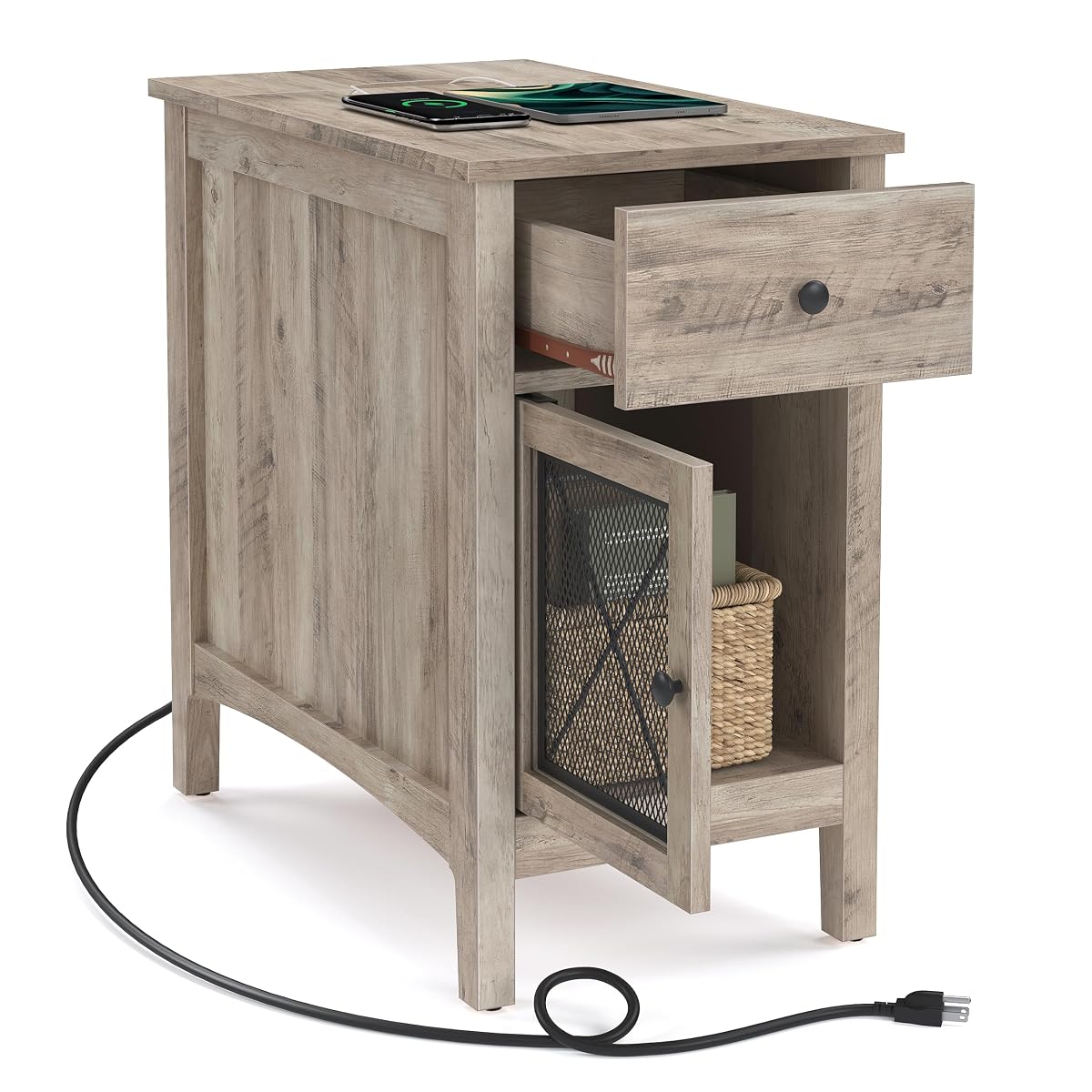 VASAGLE Side Table with Storage, End Table with USB Ports and Outlets, Nightstand with Charging Station, Drawer, Storage Cabinet, Magazine Rack, for Living Room, Bedroom, Greige ULET312T02