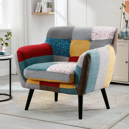 Modern Oversized Accent Chair for Living Room, Colorful Boho Linen Fabric Upholstered Armchair with Wood Legs, Single Chair