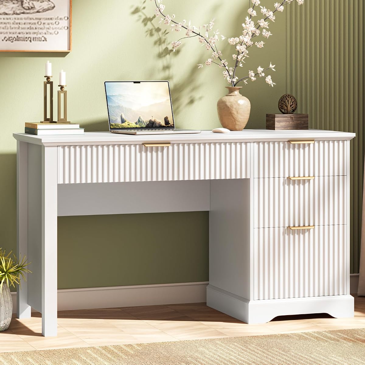 Fluted Executive Desk with Drawers, Wood Computer Desk with Ample File Drawer