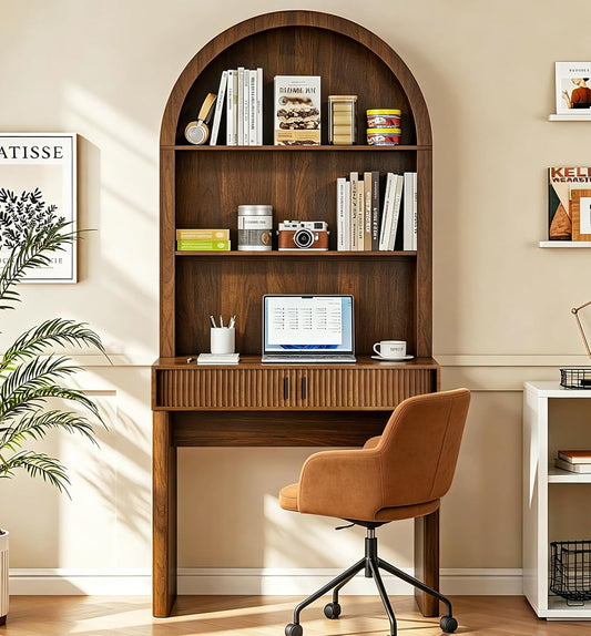 75'' Tall Arched Computer Desk with Hutch & Fluted Sliding Door for Office