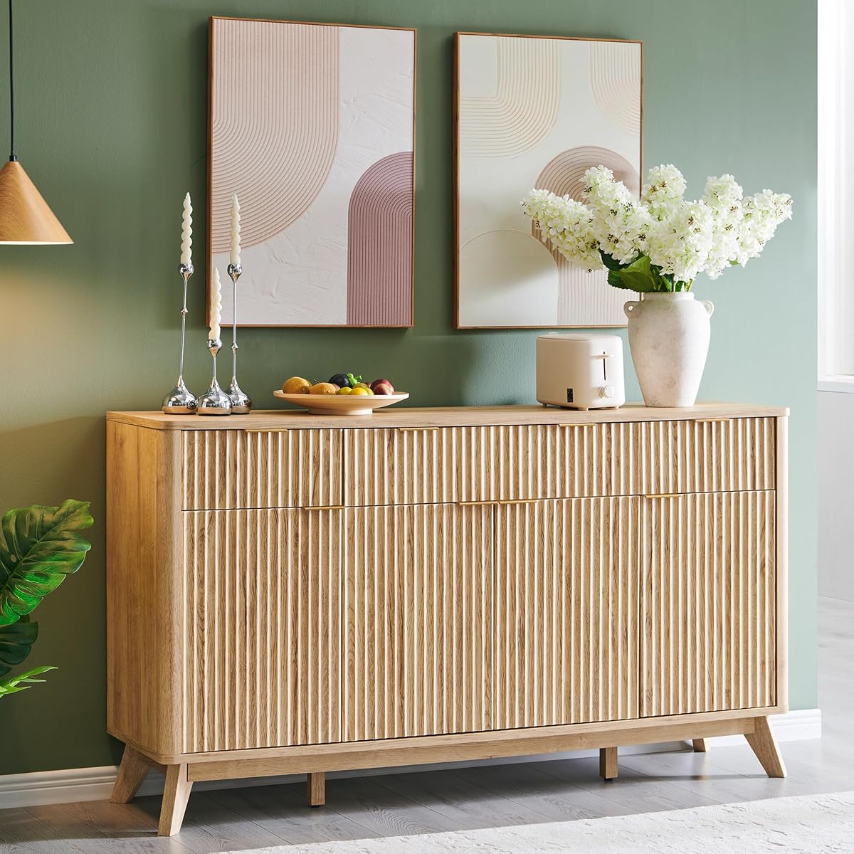 60 Inch Fluted Buffet Sideboard Cabinet, Natural Oak