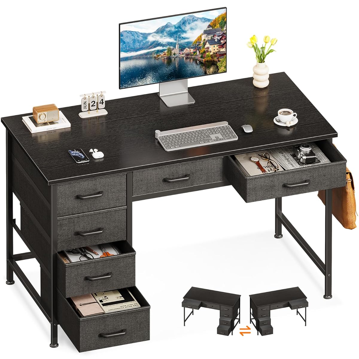 Computer Desk with 6 Drawers, 40 Inch Small Desk with Storage, Reversible Desk with Headphone Hook for Home Office, Work Study Table for Bedroom, Black