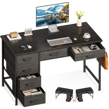 Computer Desk with 6 Drawers, 40 Inch Small Desk with Storage, Reversible Desk with Headphone Hook for Home Office, Work Study Table for Bedroom, Black