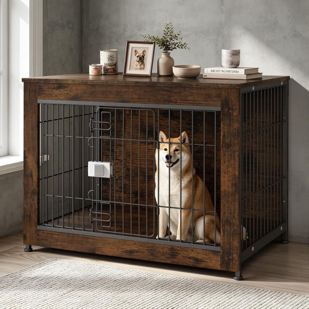 Wooden Dog Crate Furniture 32" for High Anxiety Medium Dogs, Aged Black