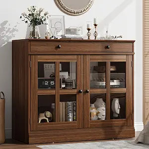 Modern 35.4" Sideboard Buffet Cabinet with Glass Door, Walnut, view 2
