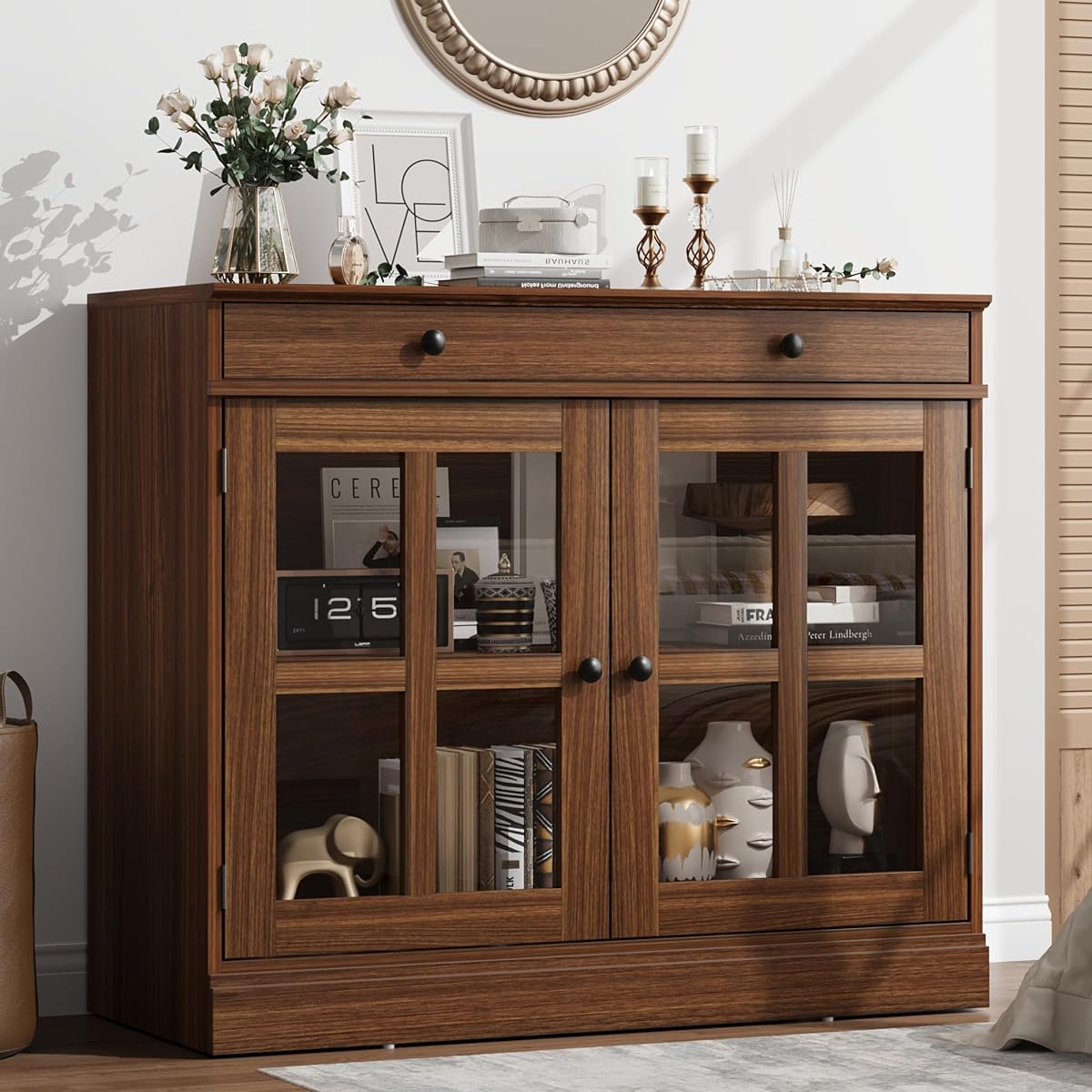 Modern 35.4" Sideboard Buffet Cabinet with Glass Door, Walnut