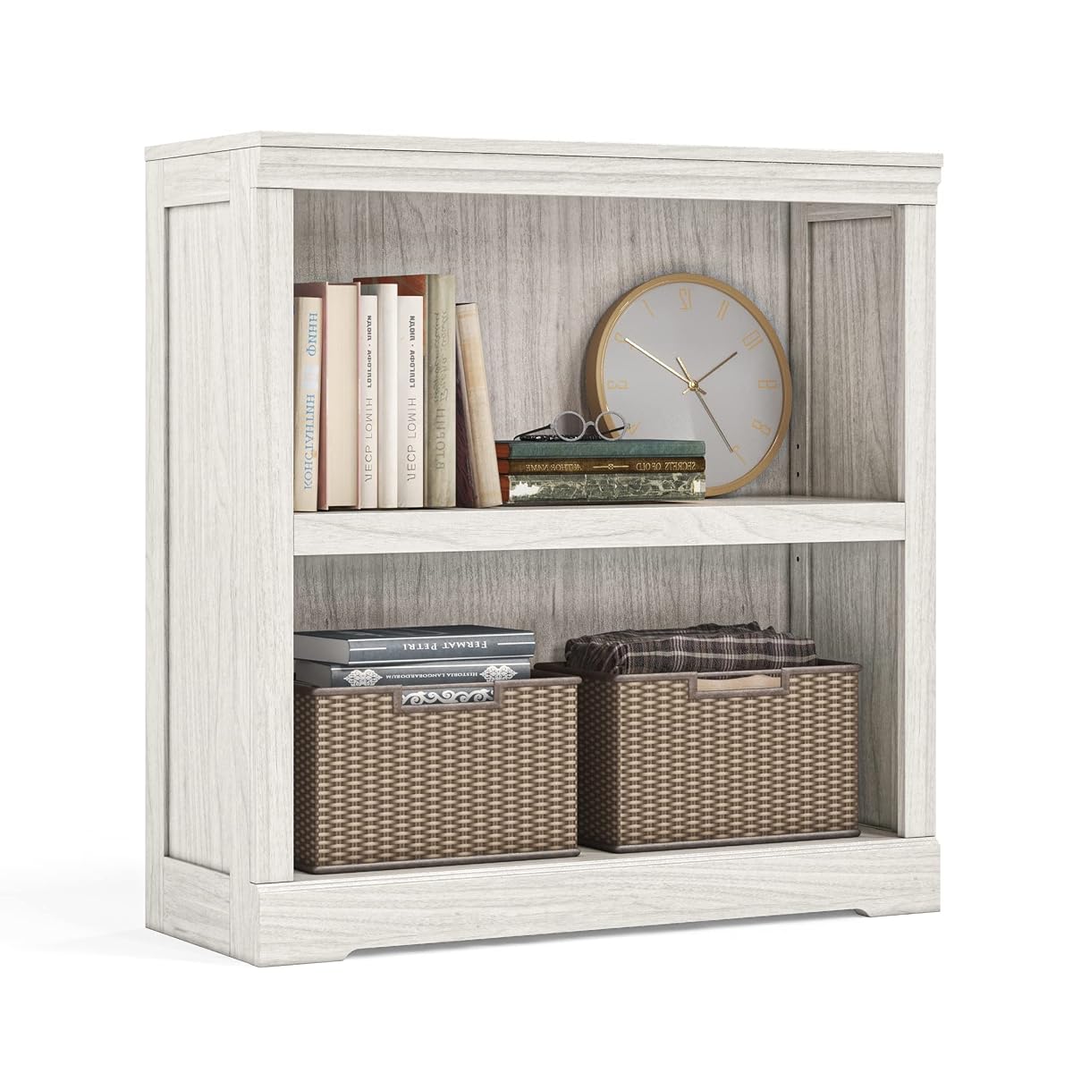 2-Tier Bookcase and Bookshelf, Small Wood Display Storage Shelves Farmhouse Bookshelf for Home Office, Living Room, Bed Room - White Oak