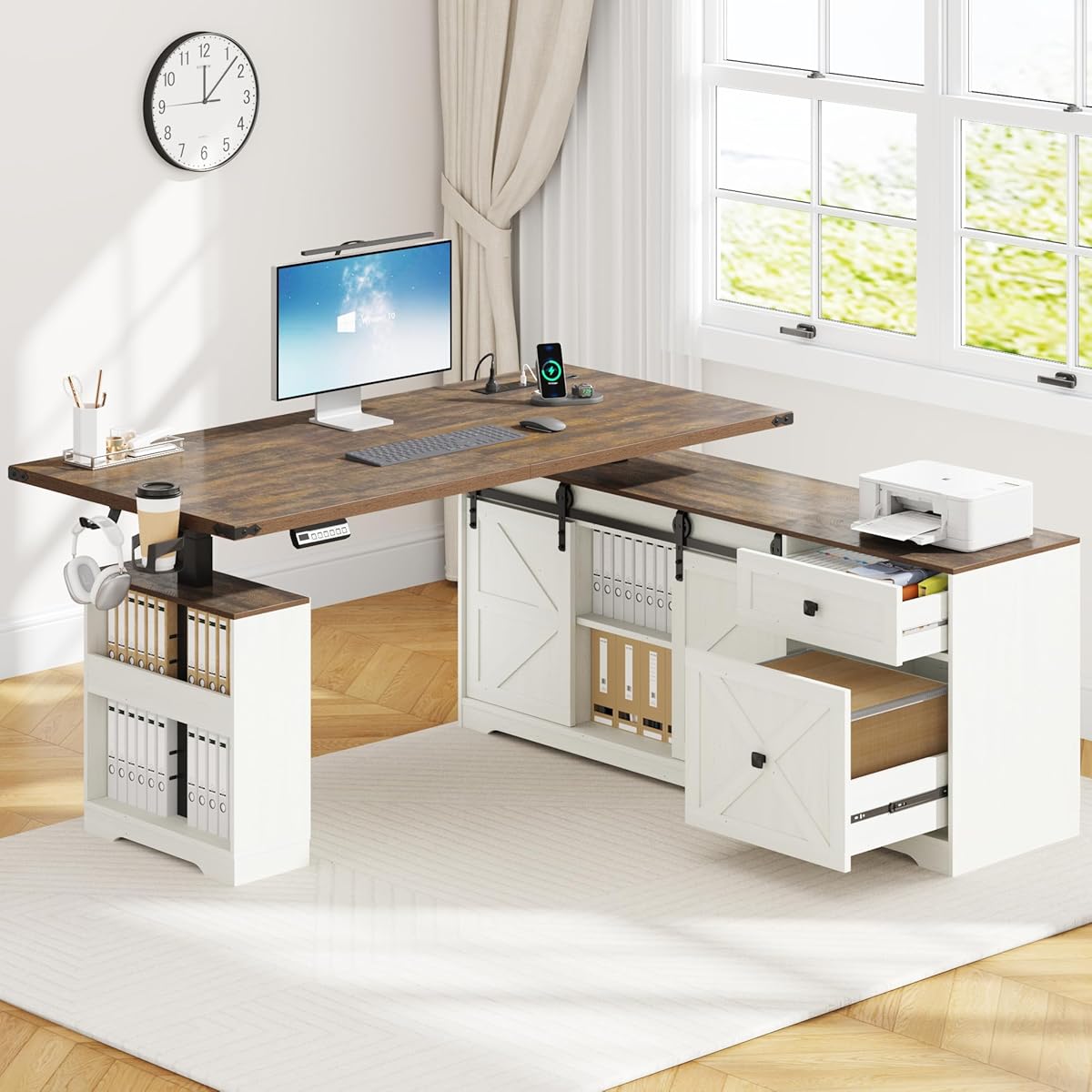 63" Farmhouse L Shaped Electric Standing Desk with Sliding Door Storage, Height Adjustable Sit Stand Corner Computer Desk with Power Outlets, Drawers & Cup Holder for Home Office, White