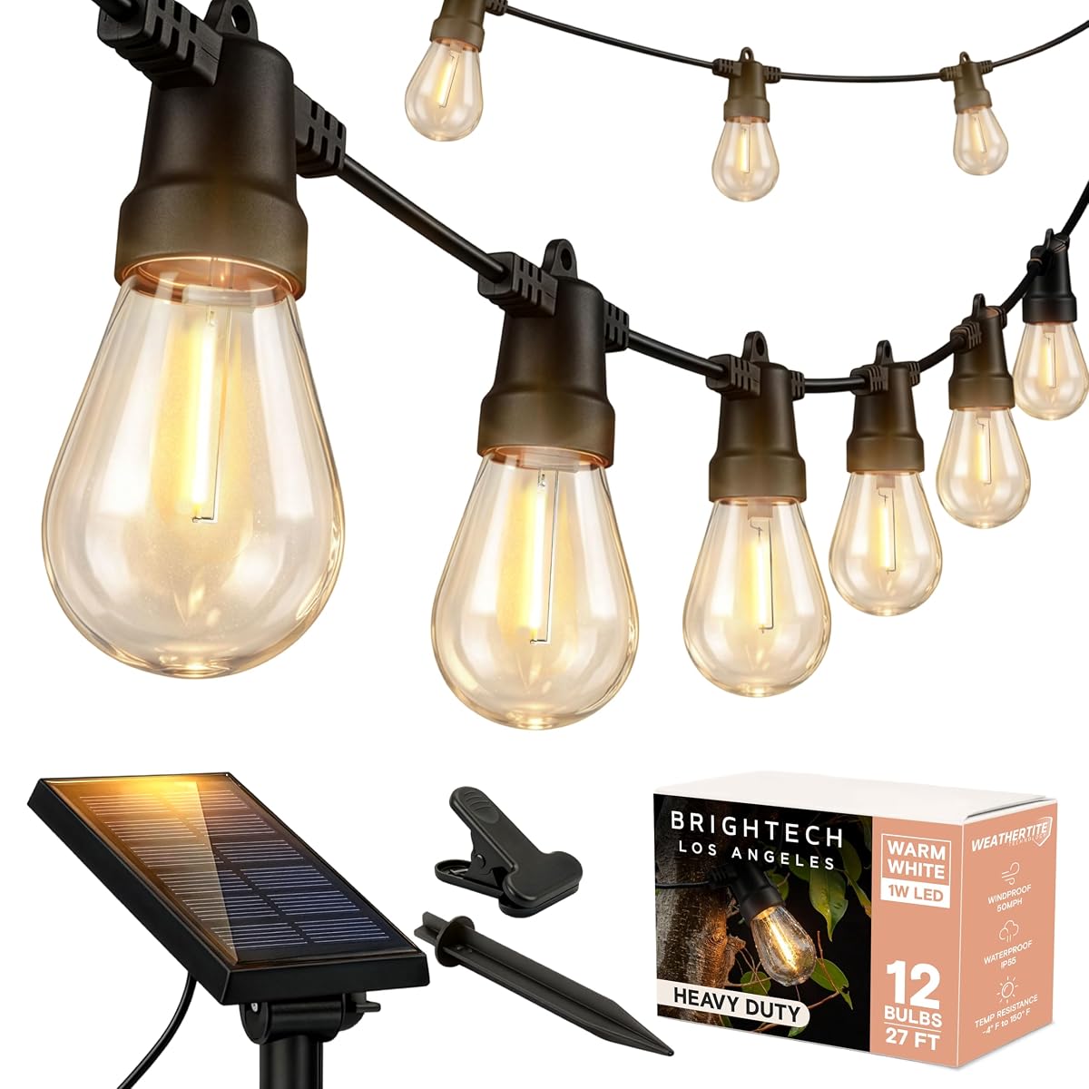 Ambience Pro Solar Powered Outdoor String Lights - Commercial Grade Patio Lights with 27 Ft Edison Bulbs - Shatterproof LED Solar String Lights - 1W LED, Warm White Light