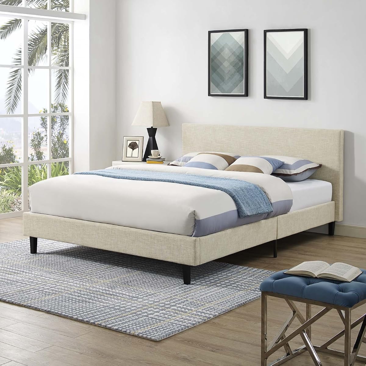 Anya Upholstered Beige Platform Bed with Wood Slat Support in Queen